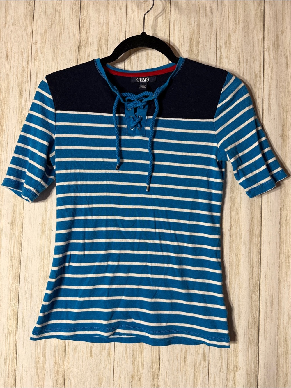 Chaps Blue and Navy Striped Lace-Up Short Sleeve Top